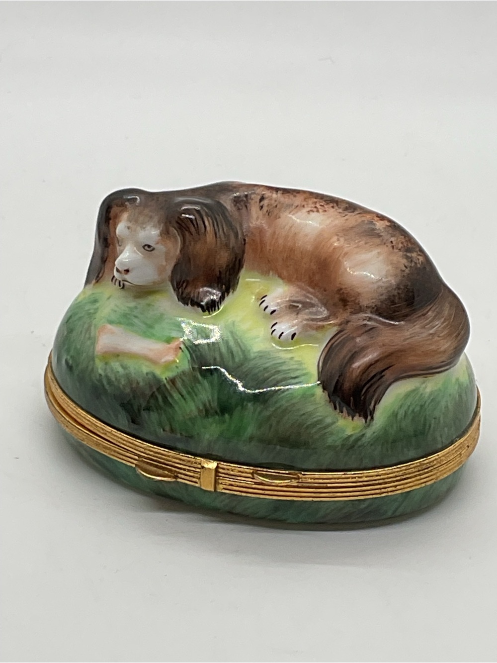 Vintage Limoges Rochard Hand-Painted Porcelain Trinket Box with Resting Dog